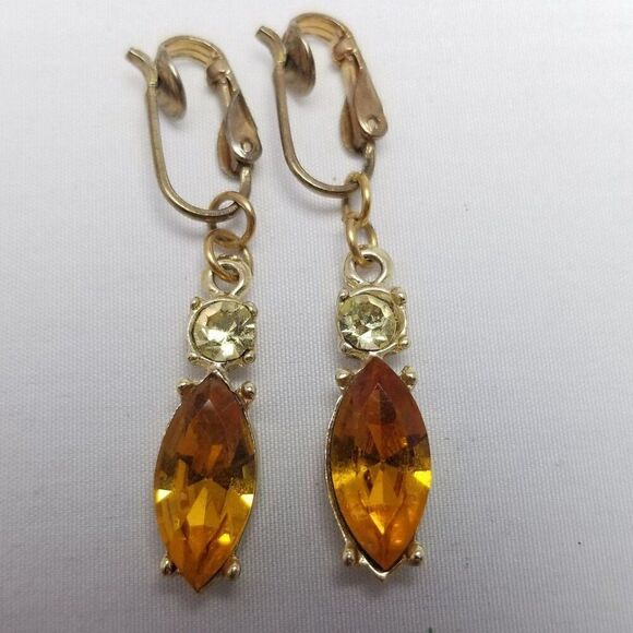 Vintage Orange Marquise Shape Rhinestone Dangle Clip On Earrings, Estate - Picture 6 of 6